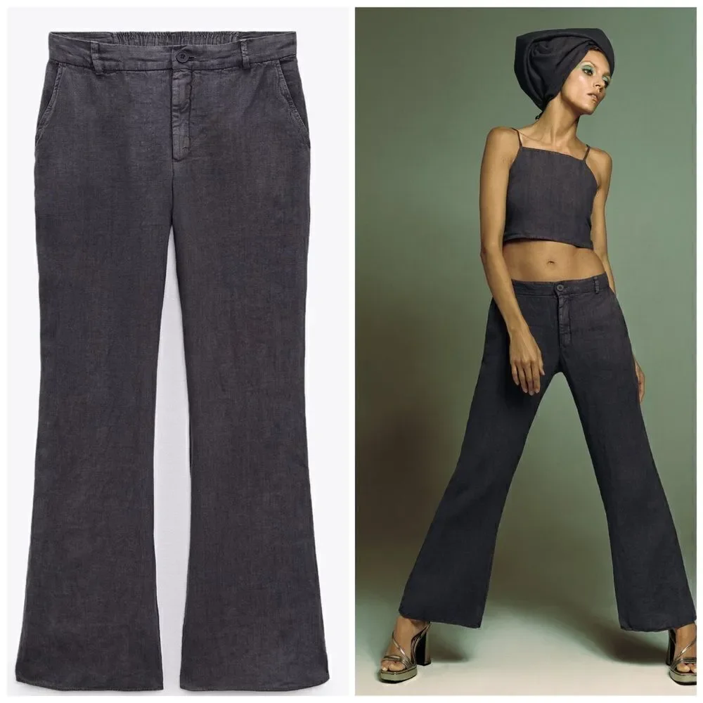 Zara 100% Linen Washed Grey Pants Flared